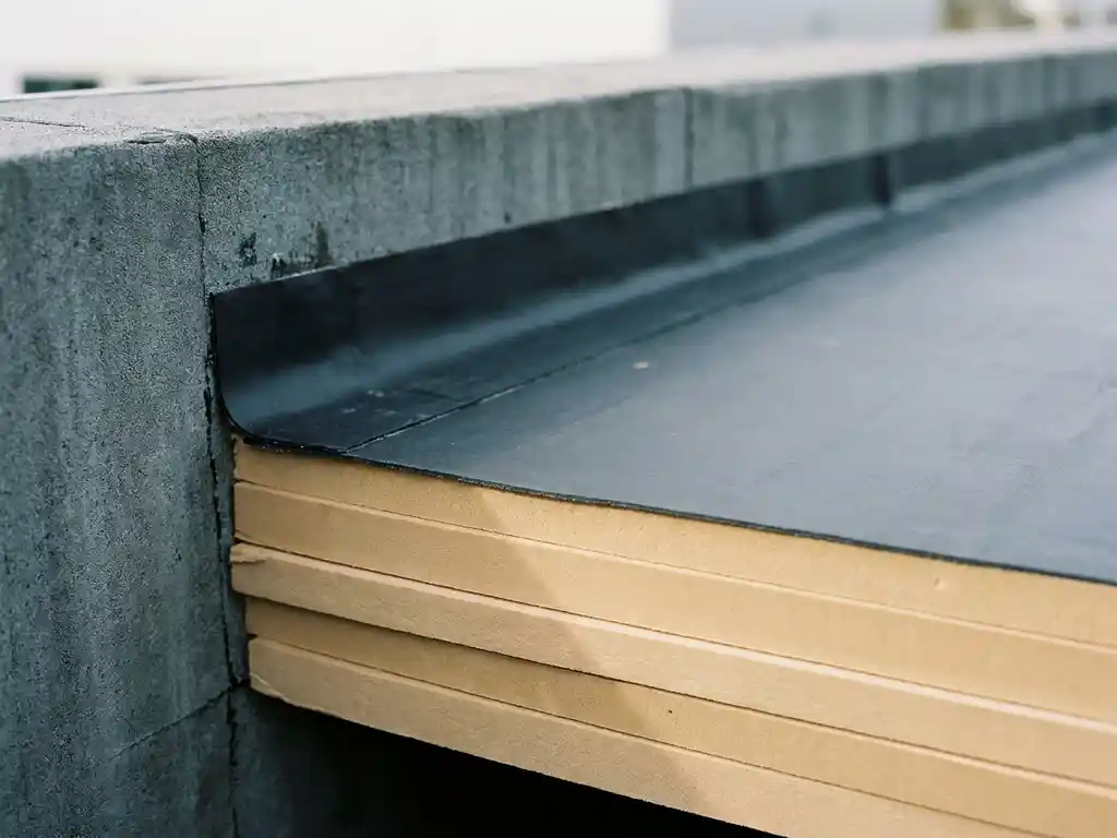 Dakranddetail met gelaagde isolatiepanelen onder bitumineuze dakbedekking op een commercieel betonnen gebouw.
