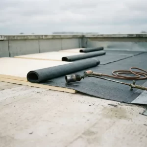 Plat dak in aanbouw met isolatieplaten en gedeeltelijk uitgerolde waterdichte bitumenmembraan op betonnen ondergrond, dakbrander en naadroller op de achtergrond.
