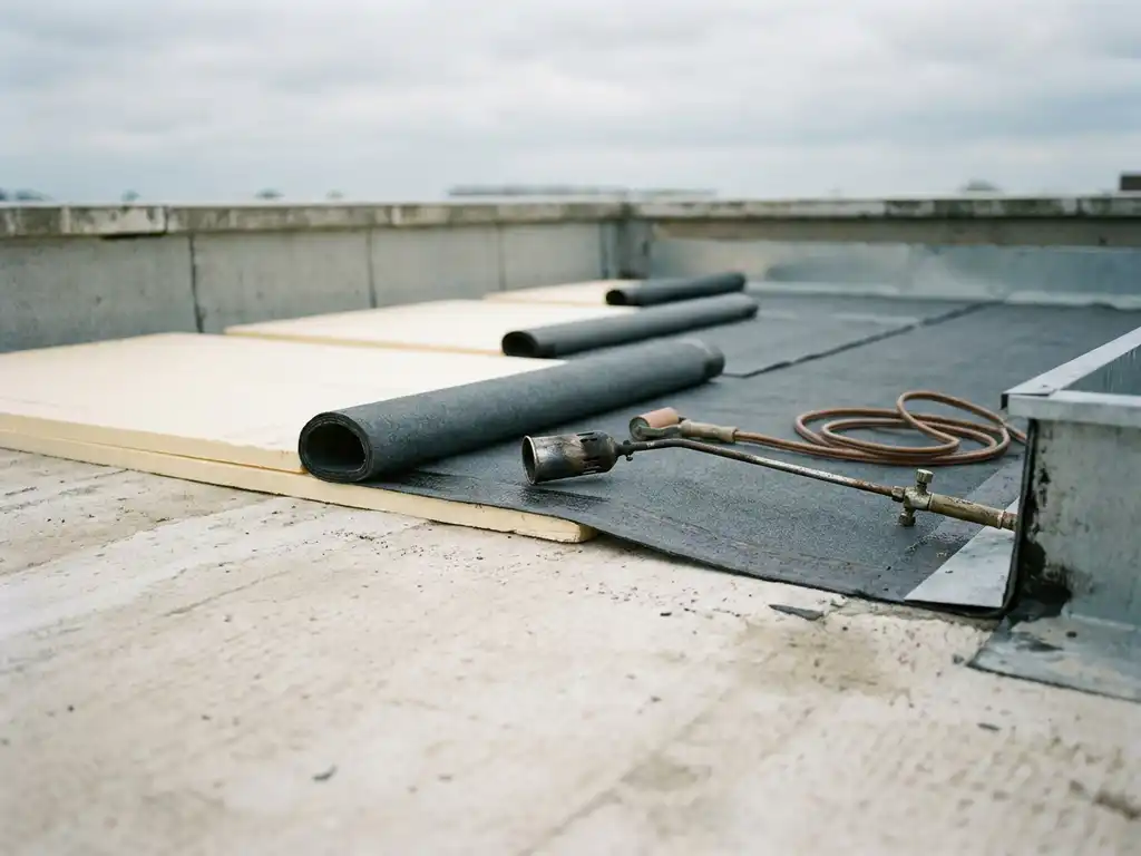 Plat dak in aanbouw met isolatieplaten en gedeeltelijk uitgerolde waterdichte bitumenmembraan op betonnen ondergrond, dakbrander en naadroller op de achtergrond.