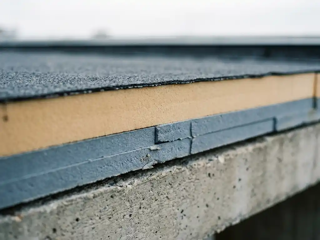 Dwarsdoorsnede van een plat dakrand met bitumineuze dakbedekking, twee lagen isolatieplaten en betonnen ondergrond.