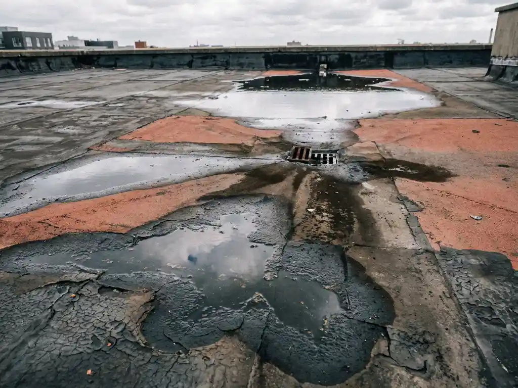 Verweerd plat dak met staand water, gebarsten bitumenmembraan en vochtsporen bij afvoerput onder bewolkte lucht.