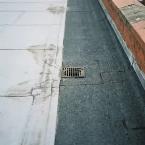 Laaghellingsdak met membraanafdichting grenst aan bitumenlaag op Nederlands bedrijfspand, met afvoerput en terracotta bakstenen borstwering.