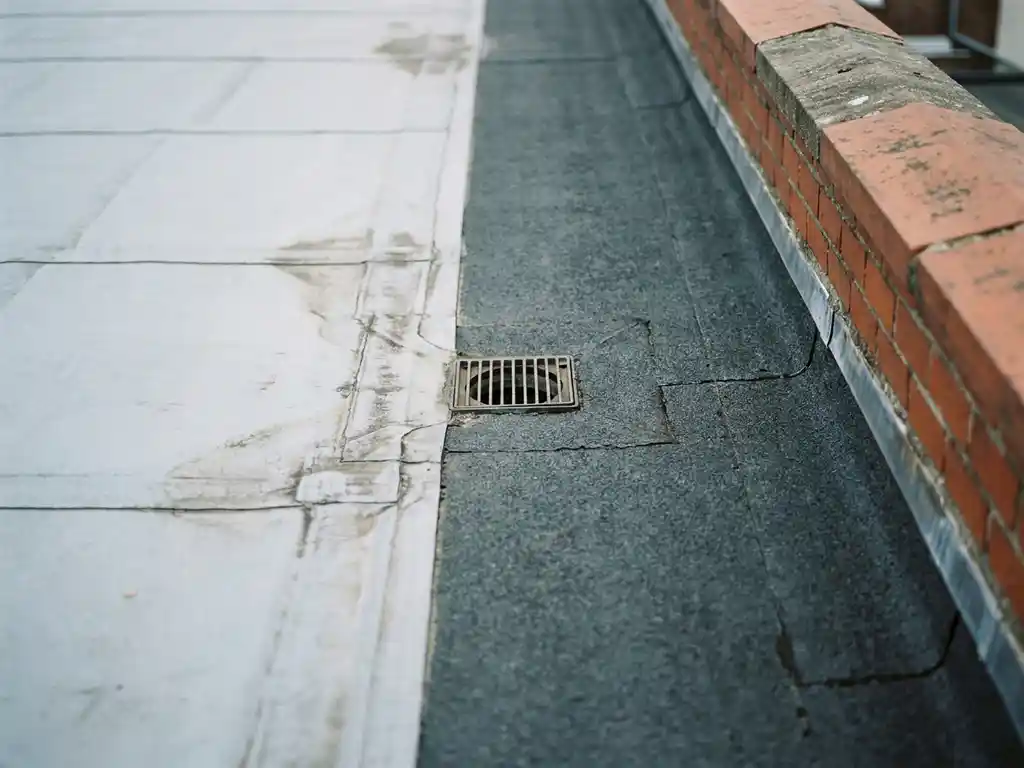 Laaghellingsdak met membraanafdichting grenst aan bitumenlaag op Nederlands bedrijfspand, met afvoerput en terracotta bakstenen borstwering.