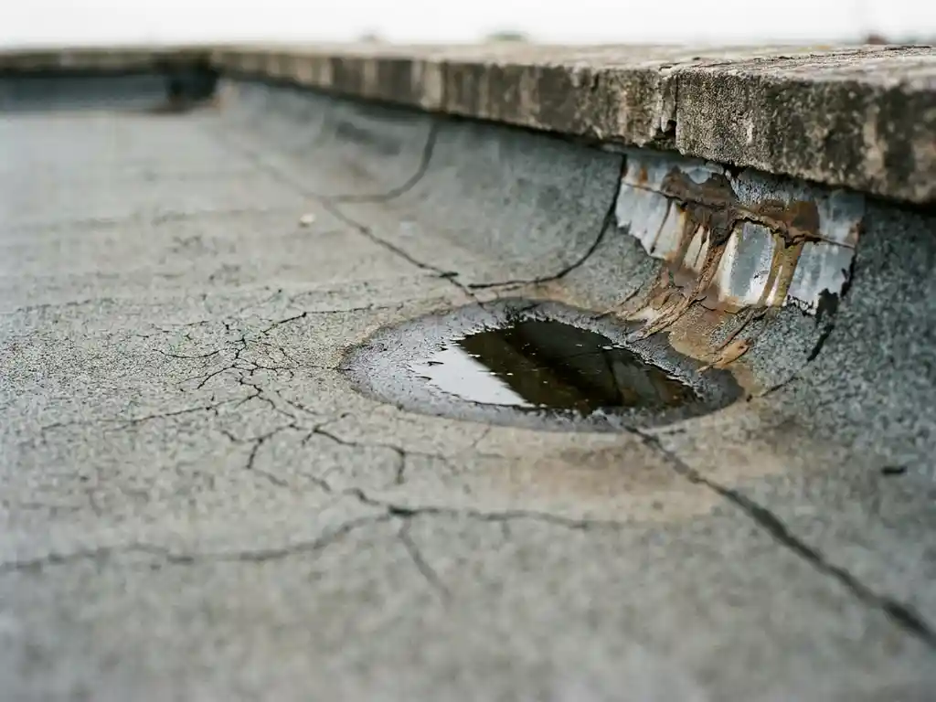 Verweerde platte dakmembraan met oppervlaktescheuren, wateropstapeling en zichtbaar dakranddetail bij een borstwering.