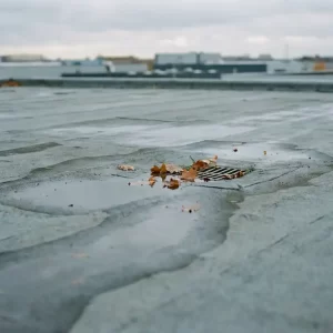 Verweerde plat dak membraan met waterplassen in ondiepe holtes, herfstbladeren bij een afvoer en bewolkte Nederlandse lucht op de achtergrond.