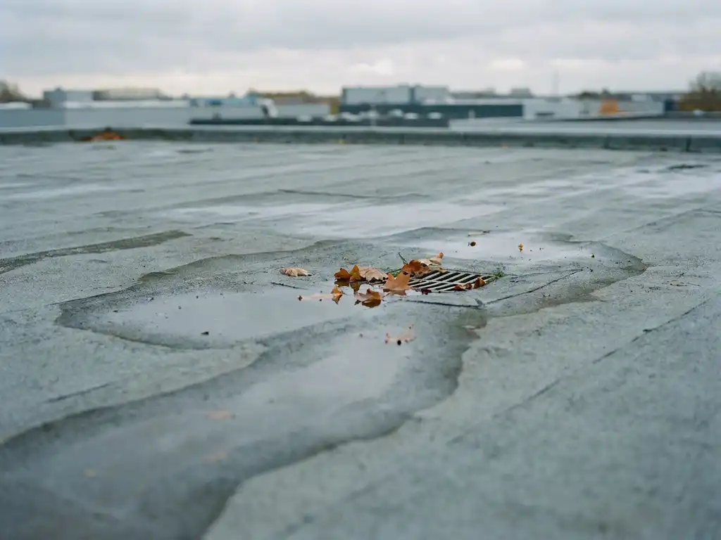 Verweerde plat dak membraan met waterplassen in ondiepe holtes, herfstbladeren bij een afvoer en bewolkte Nederlandse lucht op de achtergrond.