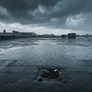 Plat commercieel dak met standig water en verstopte afvoer tijdens hevige regenval, donkere stormwolken boven industriële omgeving.