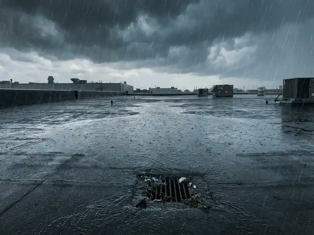 Plat commercieel dak met standig water en verstopte afvoer tijdens hevige regenval, donkere stormwolken boven industriële omgeving.