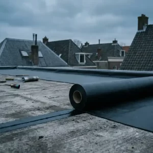 Plat dak in renovatie met halfuitgerolde bitumenmembraan over verweerde ondergrond, omringd door Hollandse daken onder bewolkte lucht.