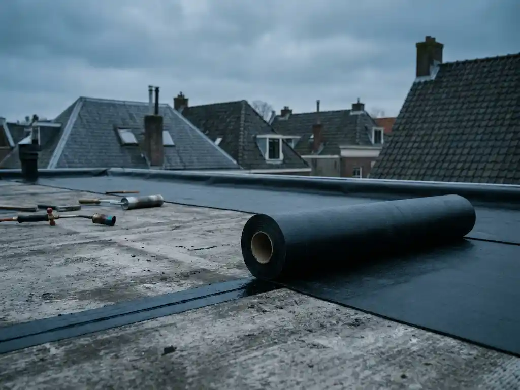 Plat dak in renovatie met halfuitgerolde bitumenmembraan over verweerde ondergrond, omringd door Hollandse daken onder bewolkte lucht.