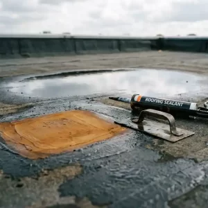 Gerepareerde dakbedekking met bitumineuze afdichtingskit, tube dakkit en truweel op plat dak onder bewolkte Nederlandse lucht.
