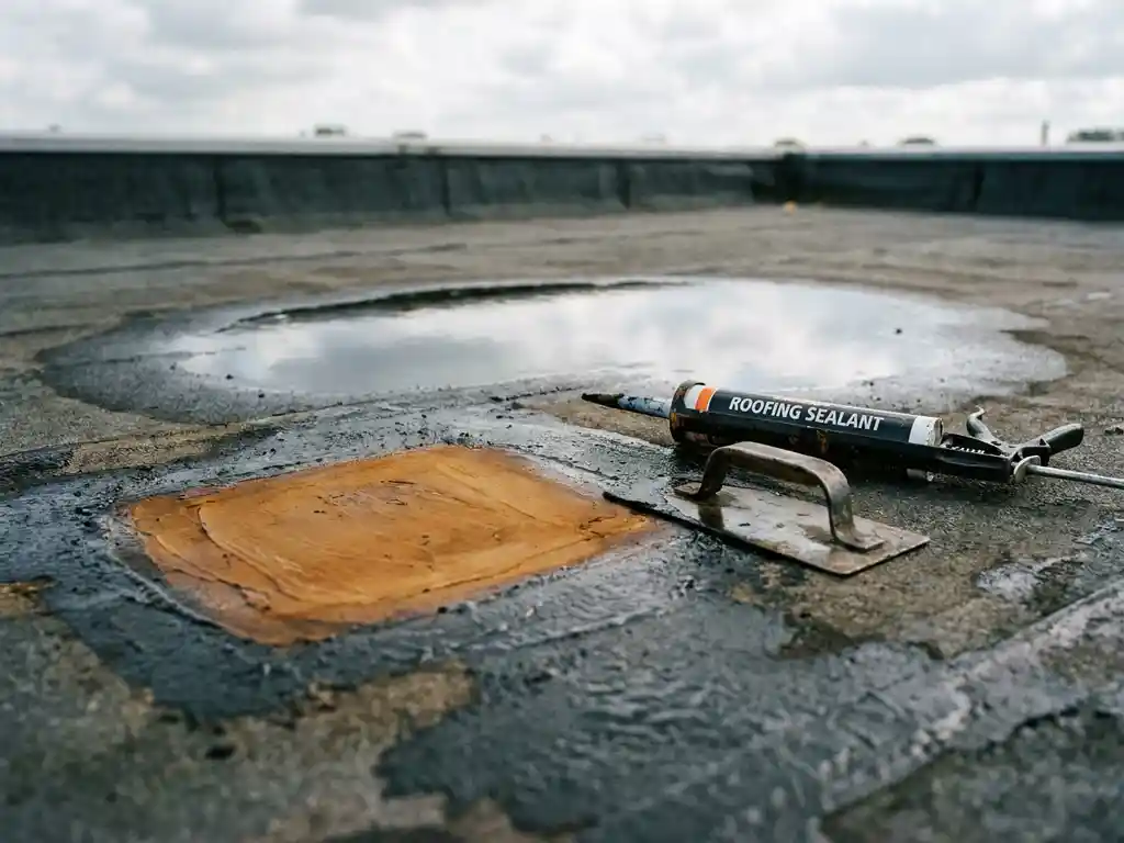 Gerepareerde dakbedekking met bitumineuze afdichtingskit, tube dakkit en truweel op plat dak onder bewolkte Nederlandse lucht.