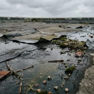 Verouderd plat dak met gebarsten en opbollend bitumenmembraan, staand water, loszittende naden en mosgroei.