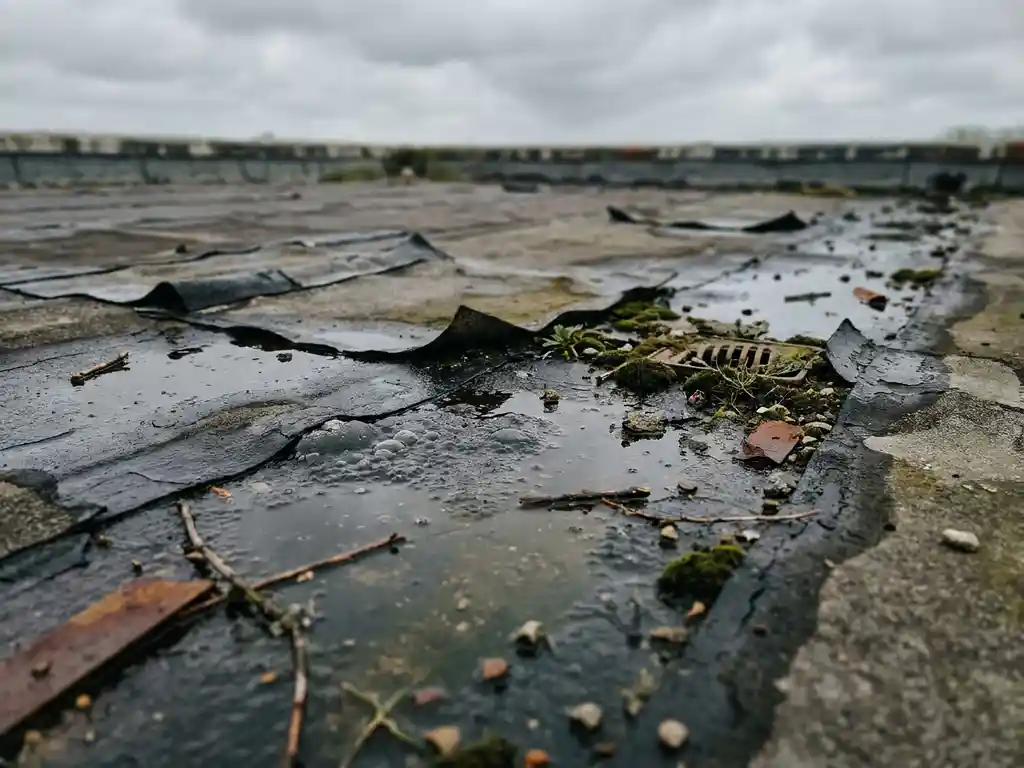 Verouderd plat dak met gebarsten en opbollend bitumenmembraan, staand water, loszittende naden en mosgroei.