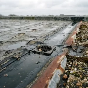 Verweerd plat dak met gebarsten bitumenmembraan, slecht afgedichte naden en stilstaand water bij verstopte afvoer.