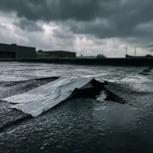 Beschadigd plat dak met scheur in bitumenmembraan, opstuwend regenwater en noodreparatietape tijdens stormachtig weer.