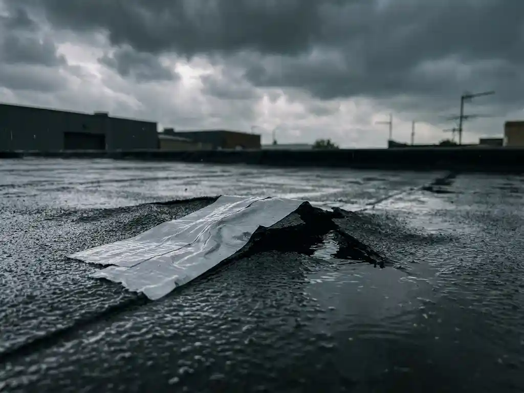 Beschadigd plat dak met scheur in bitumenmembraan, opstuwend regenwater en noodreparatietape tijdens stormachtig weer.