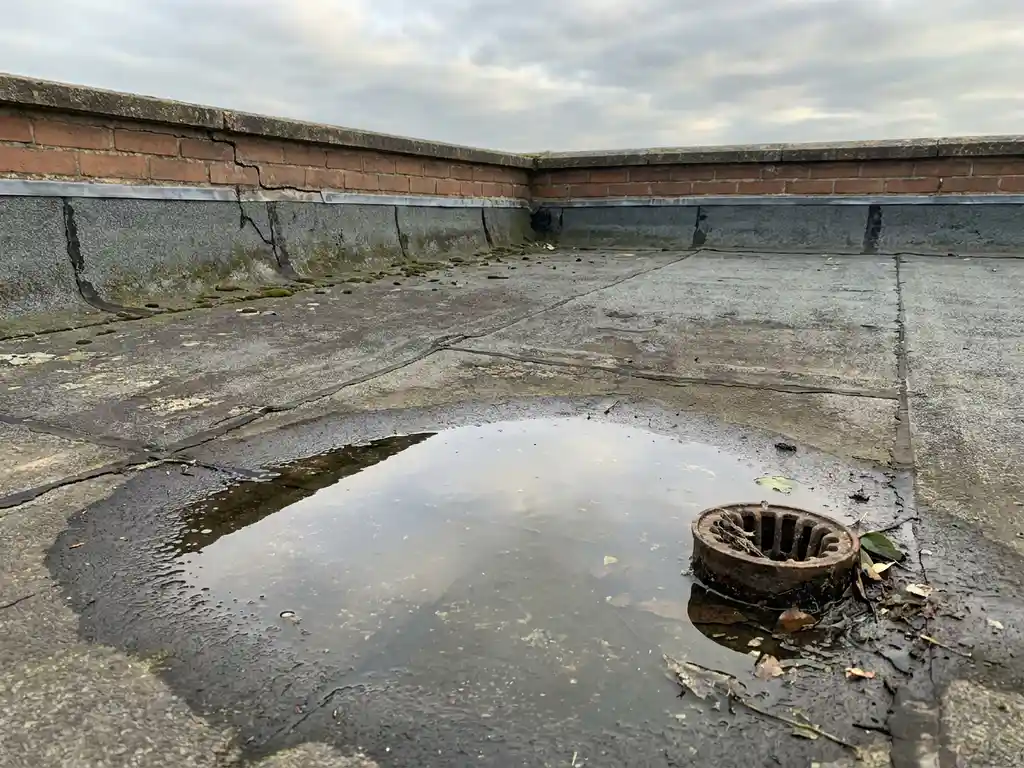 Verweerd plat dak met zichtbare membraannaden, waterplassen bij verstopte afvoer en gebarsten bitumen langs de dakrand.