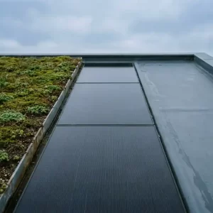 Plat dak met sedum begroeïng, zonnepanelen en EPDM-membraan naast elkaar onder bewolkte Nederlandse lucht.