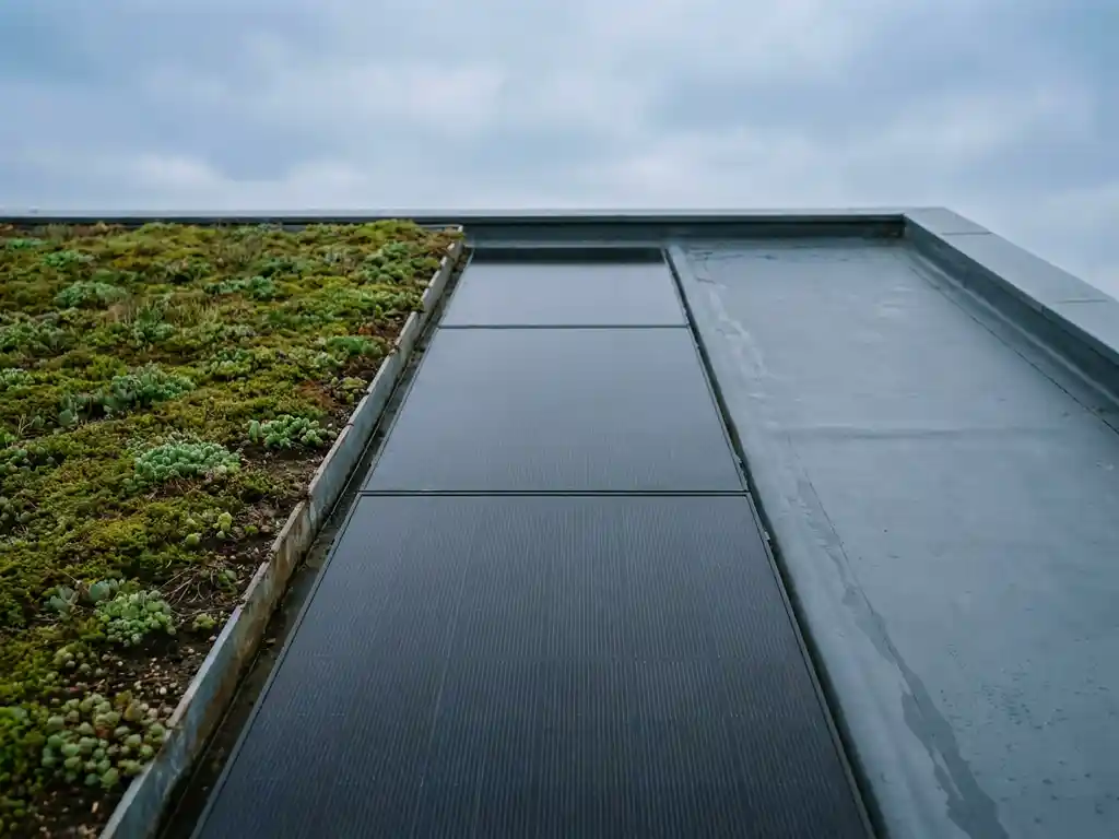 Plat dak met sedum begroeïng, zonnepanelen en EPDM-membraan naast elkaar onder bewolkte Nederlandse lucht.