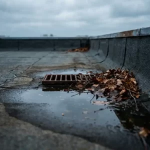 Verweerd plat dak met scheurtjes in het bitumenmembraan, stilstaand water bij de afvoer en droge herfstbladeren langs de rand.