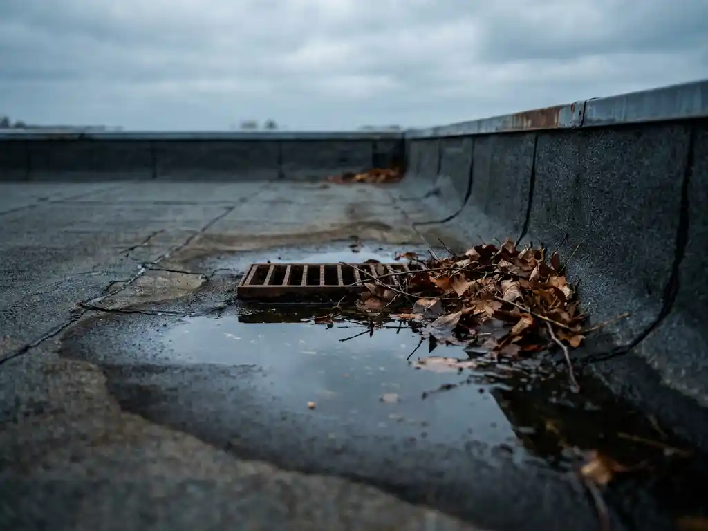 Verweerd plat dak met scheurtjes in het bitumenmembraan, stilstaand water bij de afvoer en droge herfstbladeren langs de rand.