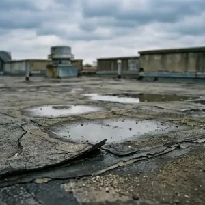 Verweerd plat dak met gebarsten bitumenmembraan, waterplassen en loskomende naden op industrieel dak.