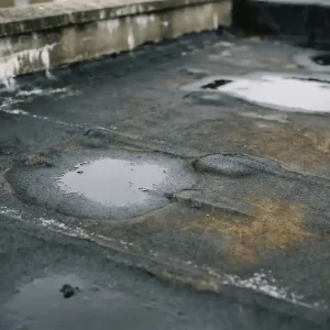 Verweerd bitumen plat dak met waterplassen, blaarvorming en verkleuringen door vochtschade, omgeven door lage muurdammen met efflorescentie.