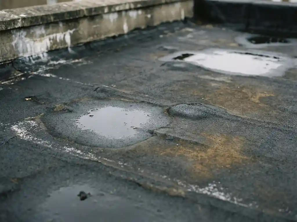 Verweerd bitumen plat dak met waterplassen, blaarvorming en verkleuringen door vochtschade, omgeven door lage muurdammen met efflorescentie.