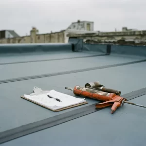 Vers aangebrachte EPDM-membraannaad op plat dak met inspectieklembord, kitpistool en naadroller, bewolkte Nederlandse lucht op achtergrond.