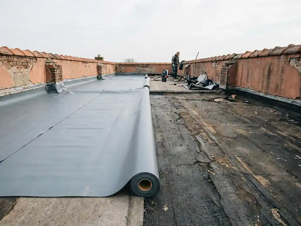 Plat dak in renovatie met deels uitgerolde grijze EPDM-membrane naast verouderd gebarsten bitumen dakbedekking, lichtbewolkte lucht op achtergrond.