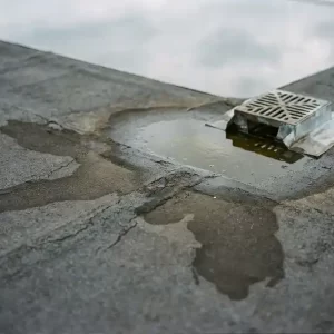 Vroege vochtschade op plat dak met stilstaand water bij afvoer en donkere vlekken onder verweerde EPDM-membraan.