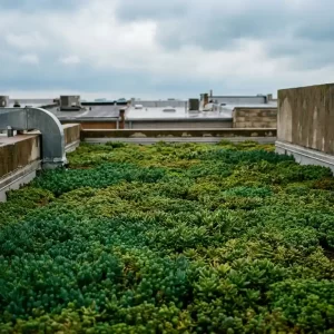 Sedum groendak op een plat commercieel dak in stedelijke omgeving, dichte tapijt van groene vetplanten onder bewolkte Nederlandse lucht.