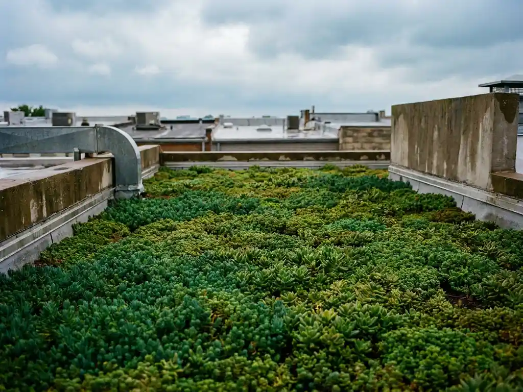 Sedum groendak op een plat commercieel dak in stedelijke omgeving, dichte tapijt van groene vetplanten onder bewolkte Nederlandse lucht.