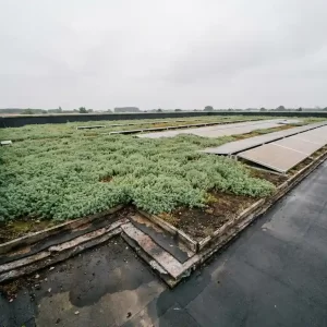 Sedum begroeide plat dak met zonnepanelen naast elkaar op commercieel gebouw, drainagelagen zichtbaar aan de rand, bewolkte Nederlandse lucht.
