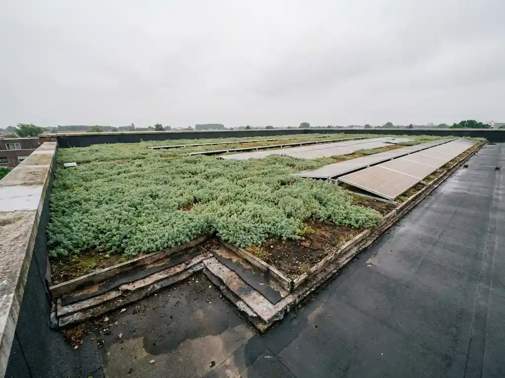 Sedum begroeide plat dak met zonnepanelen naast elkaar op commercieel gebouw, drainagelagen zichtbaar aan de rand, bewolkte Nederlandse lucht.
