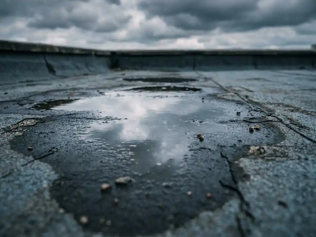 Stilstaand water in een lage plek op een bitumen platdak, met bewolkte grijze lucht weerspiegeld in de plas.