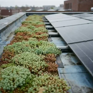 Sedum groen dak met zonnepanelen op modern Nederlands commercieel gebouw, gefotografeerd vanuit licht verhoogd perspectief bij bewolkt daglicht.