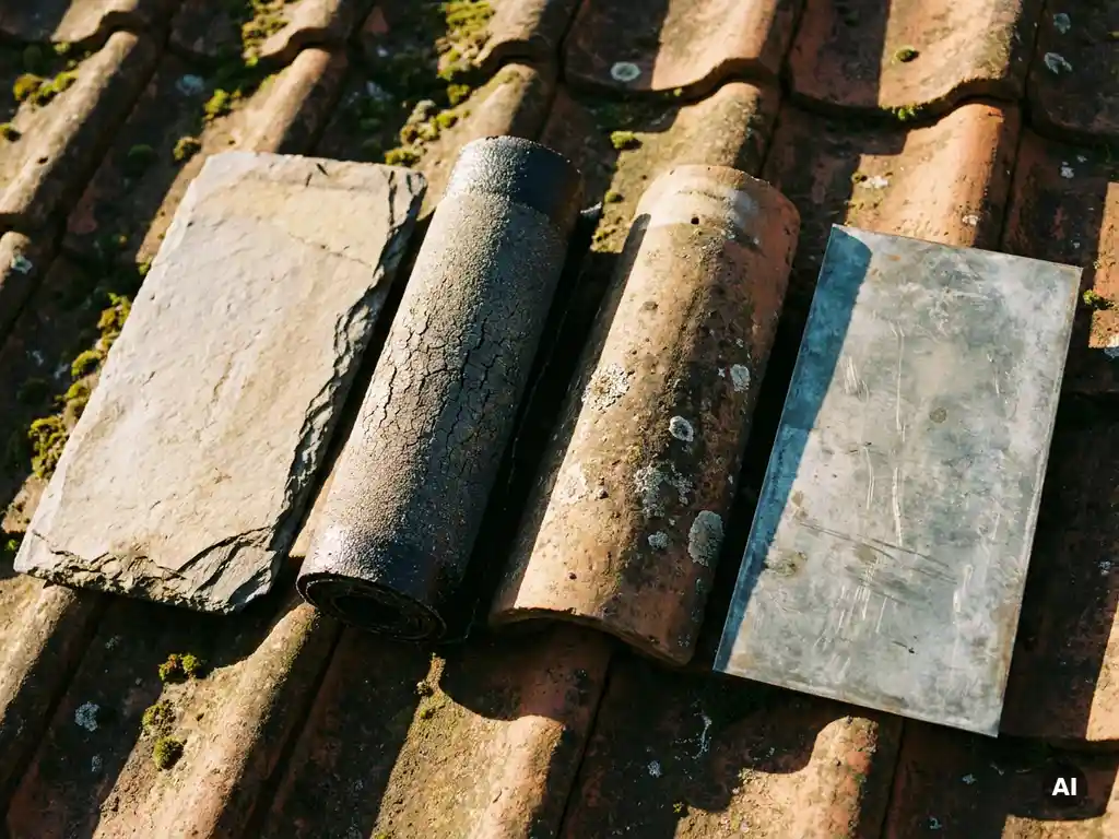 Vier dakbedekkingsmonsters op verweerd Nederlands dak: leistenen, bitumen, keramische dakpannen en zinkplaat in middaglicht.