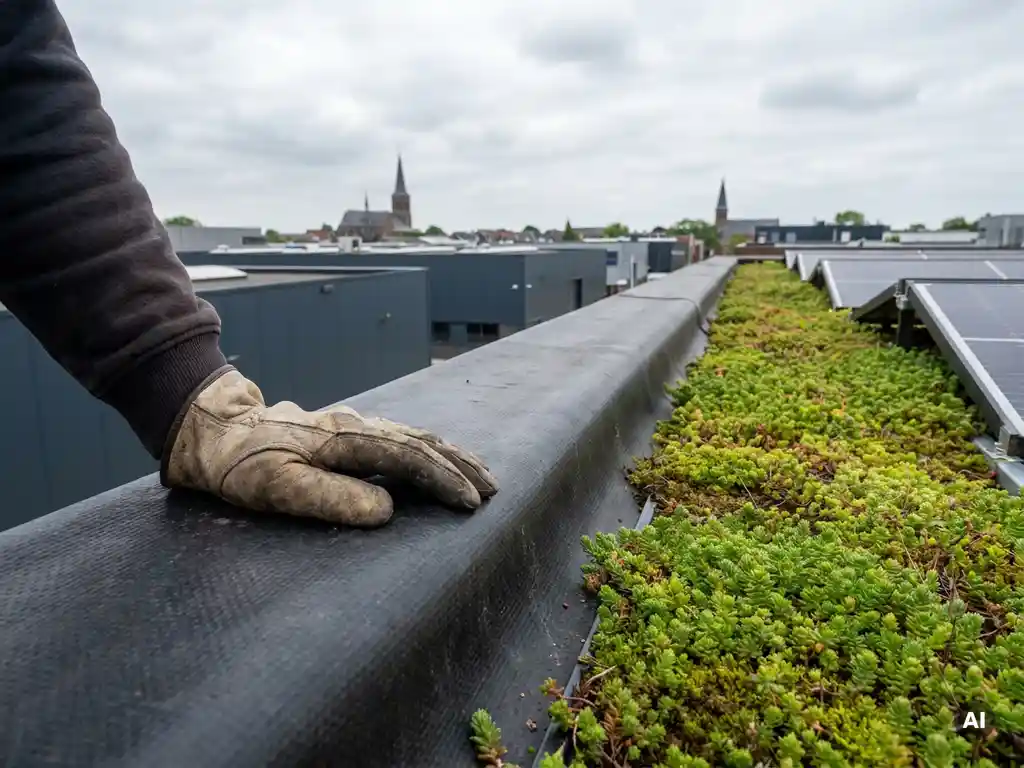 Handschoen van dakdekker op zwart dakfolie naast groen sedumgordel met zonnepanelen op plat commercieel dak in Nederland.