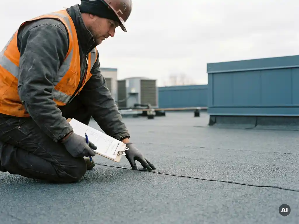 Dakdekker in veiligheidskleding inspecteert plat commercieel dakmembraan met klembord op industrieel gebouw.