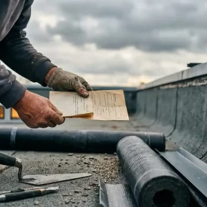 Dakdekker vergelijkt twee offertes op plat dak, bitumineuze dakbedekking en gereedschap op de achtergrond.