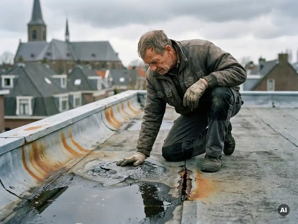 Dakdekker inspecteert gescheurde en geblakerde dakbedekking met handschoenen, waterophoping zichtbaar bij versleten naad op plat dak.