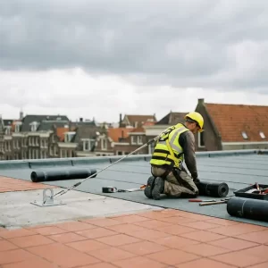Dakdekker met geel veiligheidshelm en harnas, vastgeklikt aan stalen ankerpunt op plat commercieel dak met bitumineuze membraanrollen.