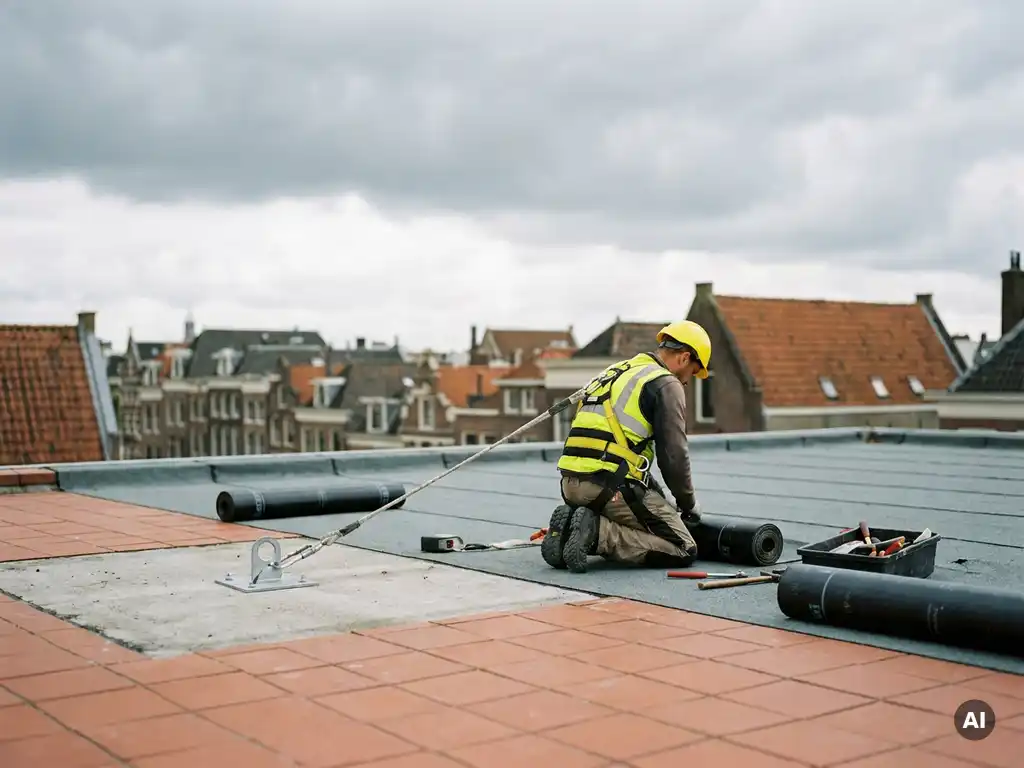 Dakdekker met geel veiligheidshelm en harnas, vastgeklikt aan stalen ankerpunt op plat commercieel dak met bitumineuze membraanrollen.