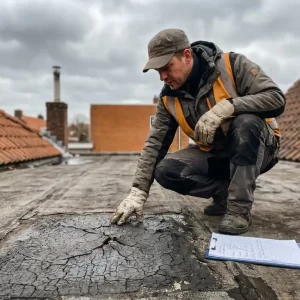 Dakdekker inspecteert gebarsten bitumenmembraan op plat dak onder bewolkte Nederlandse lucht.