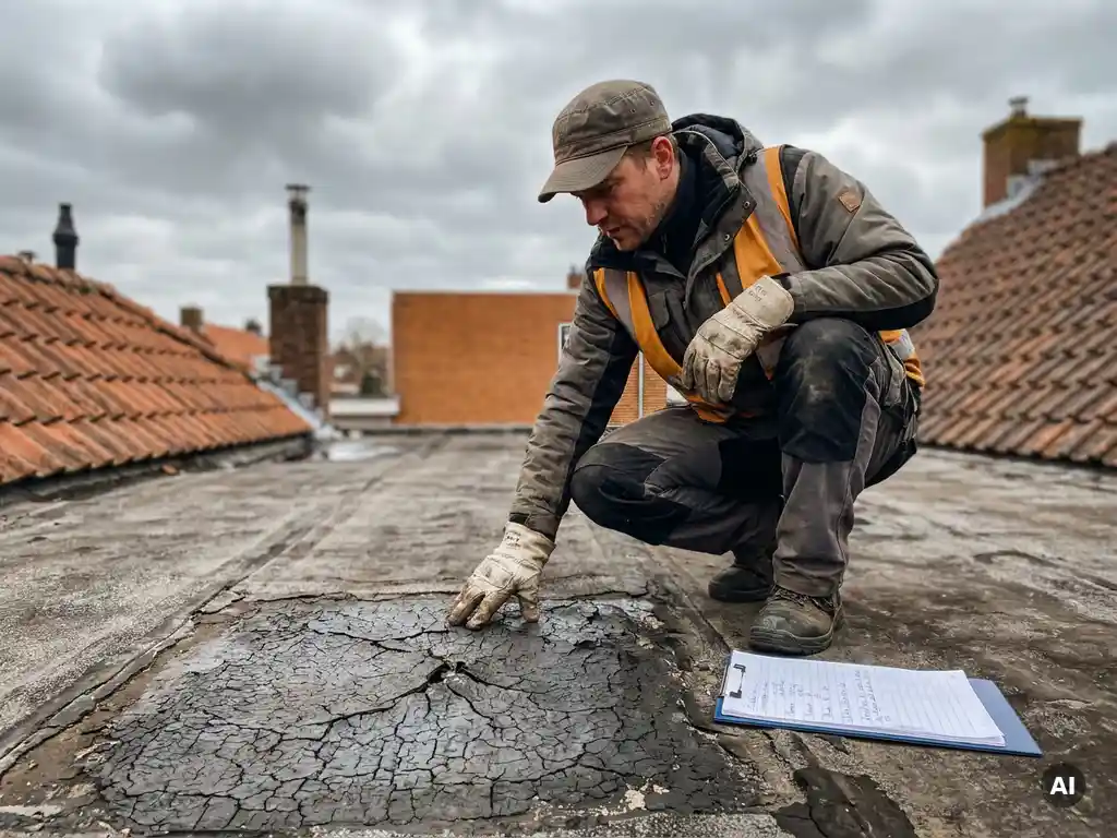 Dakdekker inspecteert gebarsten bitumenmembraan op plat dak onder bewolkte Nederlandse lucht.