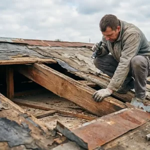 Dakdekker inspecteert verweerde houten dakbalken met doorzakkende secties en afbladderende bitumenmembraan tijdens dakrenovatie.