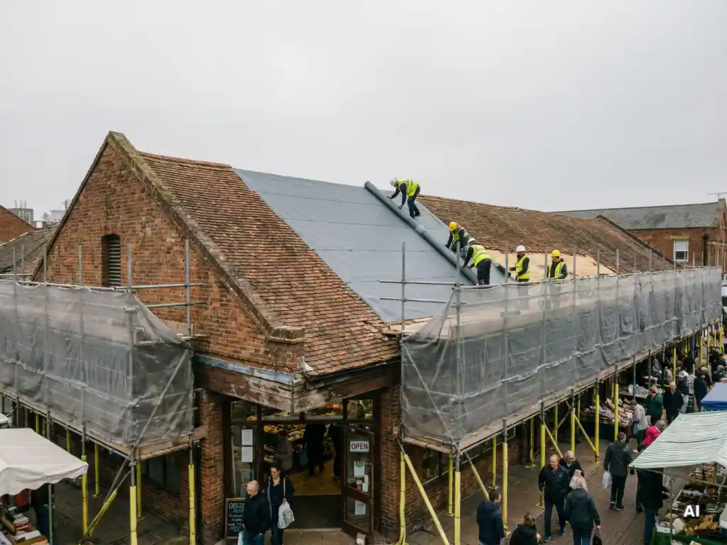 Dakwerkers in veiligheidsvest leggen nieuwe dakmembraan op commercieel pand terwijl winkel beneden open blijft.