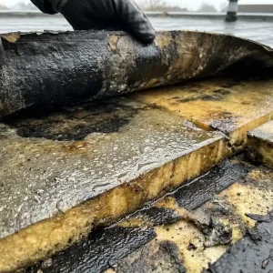 Opgekruld dakbedekking onthult doorweekte isolatieplaten met zichtbaar vocht en waterdruppels op het verzadigde schuimoppervlak.